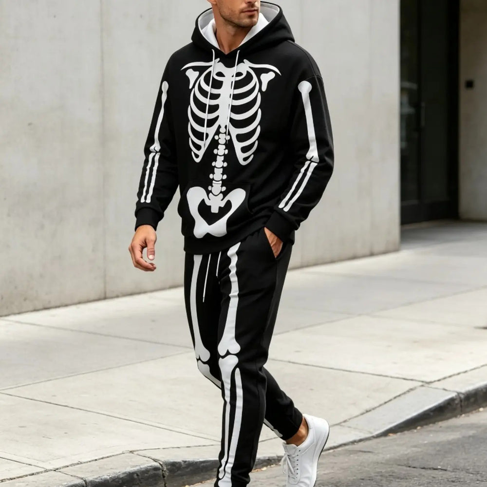 Men's Skeleton Print Hoodie & Pants Costume Set