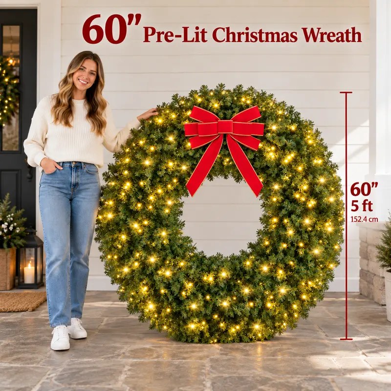 Yaheetech Pre-Lit Artificial Fir Wreath with Bow