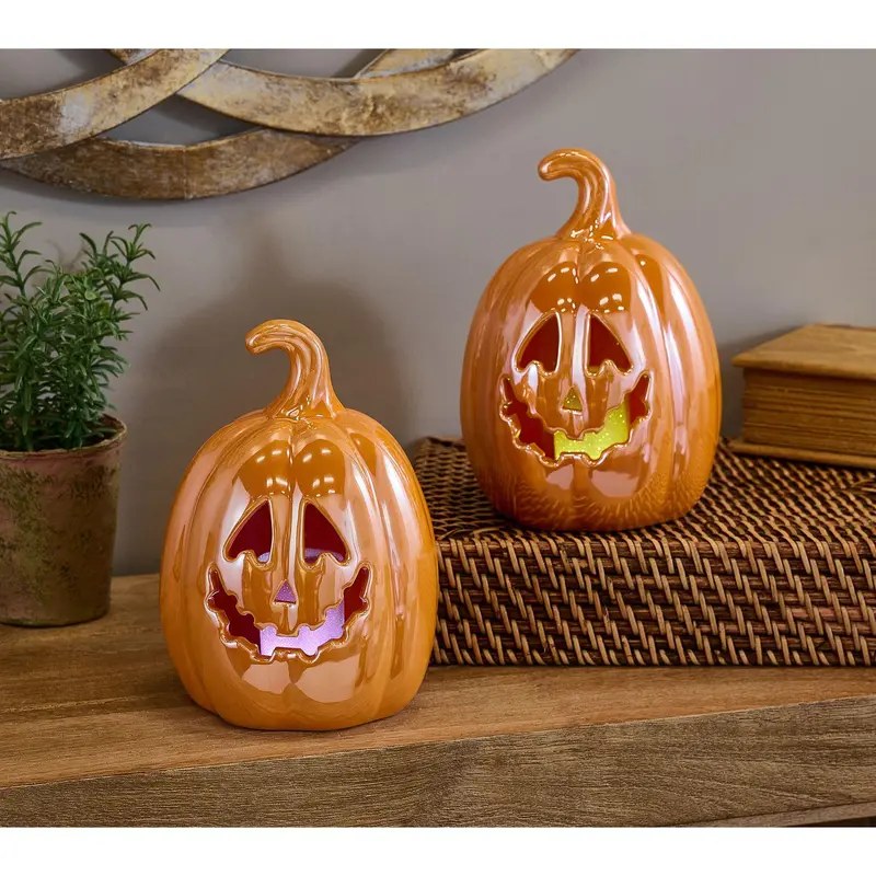 Illuminated Ceramic Jack-O-Lanterns — Set of 2